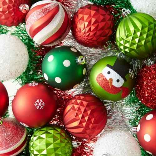 Red and green Christmas ornaments 